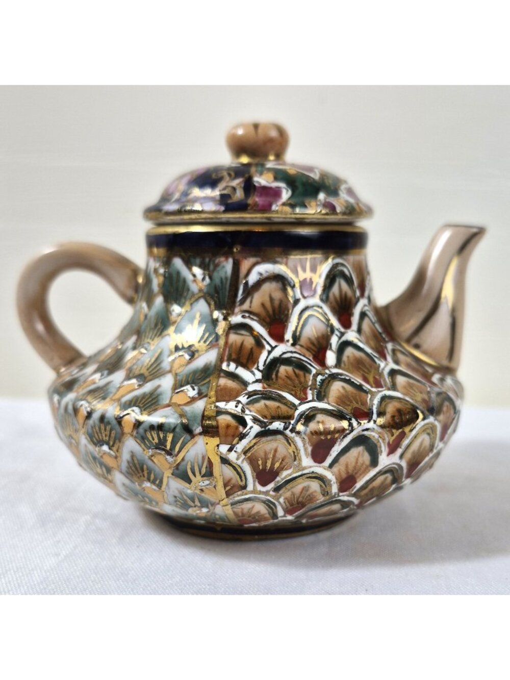 Chinese Teapot Miniature Decorative Floral Raised Enamel Gold Accents Marked FF